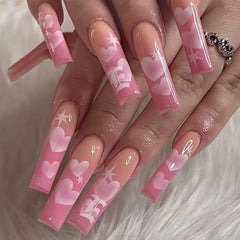 Yickyue 24Pcs Square Glitter False Nails Long Ballet Fake Nail French Love Butterfly Design Rhinestone Nail Tips Wearable Press on Nails