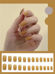 24pcs Wine Red Yellow Round Short French False Nails Decoration New Fashion Plastic Fake Nail Tips Manicure Tools Cute Nail Art