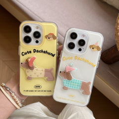 YICKYUE - Ins Cartoon 3D Patch Rotating Cute Sausage Dog Phone Case for iPhone 16 15 14 13 Pro Max Back Cover Fund