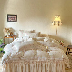 YICKYUE - Winter Thickened Carved velvet Korean Princess Style Bedding Set Duvet Cover Set Lace Quilted Bed Skirt Bedspread Pillowcases