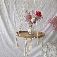 Boho Macrame Hanging Plant Support Wood Shelf Plate Handmade Korean Nordic Home Bedroom Decor Bed Side Small Stuff Organizer