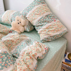 Korean Flower Double Bedding Set Twin Full Queen Size Quilt Cover Four-piece Cotton Family Bedding Sheet Pillowcase Duvet Cover