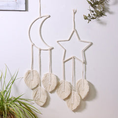 Tassel Moon Star Dream Catcher with Long Macrame Leaf Handmade Bohemian Home Decor Decoration Art Gift for Girls Kids Bedroom