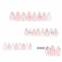 YICKYUE - 3D Pink Bow Fake Nails Y2k Sliver Bowkont Design Almond Press on Nails Ins Sweet Fashion False Nails for Girl Women
