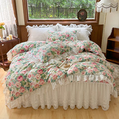YICKYUE - Floral Print Pure Cotton Korean Princess Style Bedding Set Bedskirt Bedspread Quilt Cover French Vintage Lace Bed Set Pillowcase