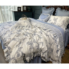 French Vintage Rural Floral Princess Bed Skirt Bedding Set Romantic White Lace Edge 400TC Cotton Quilt/Duvet Cover Set Pillowcas