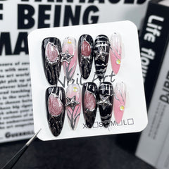 YICKYUE - 10Pcs Detachable Almond Spicy Girl Handmade Press on Nails Long Explosive Flash Pink Cat Eye Stars Full Cover False Nail Tips