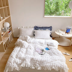 Yickyue Korean-style Seersucker Folds Washed Cotton Bedding Set Flat sheet/Bed Skirt Duvet Cover Set(1.5/1.8/2.0m Size,4pcs,7 Colors)