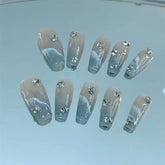 YICKYUE - 10 pcs Luxury Handmade Press on Nails Middle Trapezoid Dark Blue Gradient Ocean With Rhinestones Design Art Nail Tips