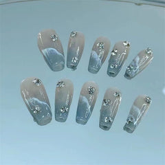 YICKYUE - 10 pcs Luxury Handmade Press on Nails Middle Trapezoid Dark Blue Gradient Ocean With Rhinestones Design Art Nail Tips