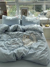 YICKYUE - Simple Ins Washed Cotton Four-piece Solid Color Appliqued Cloth Embroidered Bedding Set Bed Cover Set Dormitory Bed Sheet 3pc