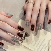 YICKYUE - Handmade Press On Nails Autumn Dark Brown Fake Nails Short Coffin Haze Blue False Nails Contrast Color Check Pattern Finished