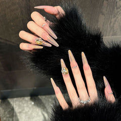 YICKYUE - Handmade Nude Pink Aurora Gradient Press on Nails with Large Crystal Design Fake Nails Long Oval Head Fashion False Nail Patches