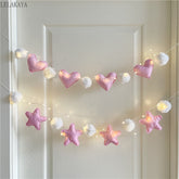 YICKYUE - 1.2m Heart Star LED Lights String Girly Hairball Wall Pendant Valentine's Day Party DIY Wall Ornament Room Background Decoration