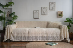 YICKYUE - Love Seat Sofa Cover Single Double Set Retro Hollow Lace Picnic Blanket Throw Blanket Three-Seater Sofa Decoration Beige