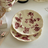 YICKYUE - French Red Flower Bone Porcelain Coffee Cup with High Grade Retro Flower British Afternoon Tea Cup Plate Gift
