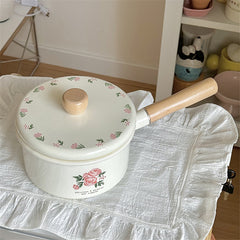 YICKYUE - Enamel Milk Pan With Lid Vintage Pink Rose Kitchen Pots Offers Baby Food Pot Small Noodle Soup Pot Enamel Cookware Utensils