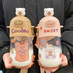 Cute Bear Water Bottle With Straw Sticker For Girls Kids Kawaii Plastic Milk Cartoon Juice Portable Drinking Cup BPA Free 500ml