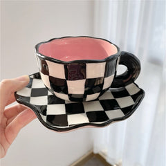 Irregular Handmade Ceramic Mug Chessboard Cup Coffee Tea Milk Water Cup Ins Coffee Cup Saucer Creative Gifts Handle Drinkware