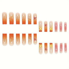 YICKYUE - 24pcs Long Ballet Y2k Nails Press On Nails 3D Sweet Flower Orange Gradient False Nails With Cute Pearl Decor Finished Fake Nails