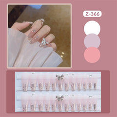 24Pcs/Set Aurora Rose Red Pink 3D Crystal Butterfly Long Ballet Fake Nails Art With Glue Acrylic Press On False Nail Tips Tool