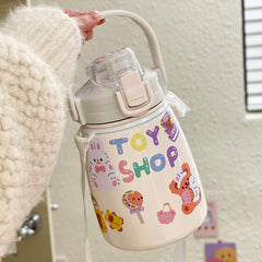 850ml Cute Stainless Steel Water Bottle Large Kawaii Thermos With Straw Strap Insulated Portable Juice Cup Gift For Girl Kids