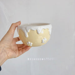 Super Cute Embossed Cream Ceramic Flower Girl Lunch and Dinner Rice Salad Bowl Cherry Bunny Hand-painted Yogurt Children's Bowl