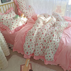 4/6Pcs100%Cotton Bedding Set Vintage Elegant Flowers Duvet cover with Ruffle soft comfy bed sheet pillowcases Double Queen King
