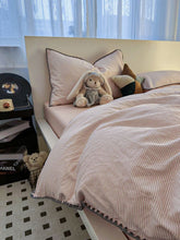 YICKYUE - Ins Style Solid Color Stripes Mix and Princess Style Quilt Cover Four-piece Bedding Set Washed Cotton Shell Edge Duvet Cover Set