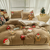 YICKYUE - Brown Cute Christmas Bear Embroidery Bedding Set Single Double Queen Size Duvet cover Set Bed Sheet Pillowcases Christmas Gifts