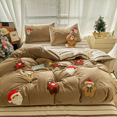 YICKYUE - Brown Cute Christmas Bear Embroidery Bedding Set Single Double Queen Size Duvet cover Set Bed Sheet Pillowcases Christmas Gifts