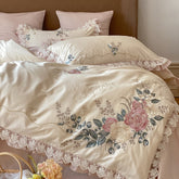 Yickyue French Pastoral Style 600TC Egyptian Cotton Bedding Set with Lace & Embroidery Bed Sheet Duvet Cover Set (Queen King Size,4pcs)