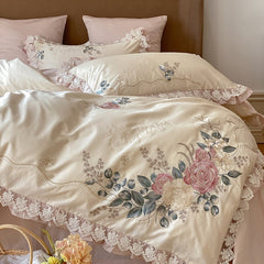 Yickyue French Pastoral Style 600TC Egyptian Cotton Bedding Set with Lace & Embroidery Bed Sheet Duvet Cover Set (Queen King Size,4pcs)