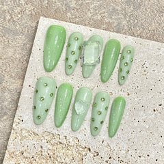 YICKYUE - 10pcs Handmade Press on Nails Shiny Gradient Color Love Crystal Fake Nails Wearable Long Almond Korean Sweet False Nail Tips