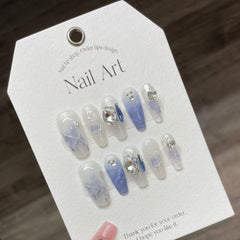 Yickyue 10Pcs Silver Gradient Handmade Press On Nails Ballerina with Rhinestones Wearable False Nails Decoration Fake Nails Tips Art