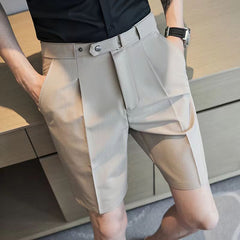 Hearujoy Summer Fashion Men Suit Shorts Ice Silk Slim Fit Straight Knee Length Pants Korean Trendy Light Luxury Short Trousers Streetwear