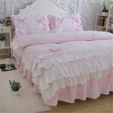 New Luxury Layers Bedding Set Sweet Princess Bow Ruffle Duvet Cover Wedding Bedding Pink Bed Sheet Girl Baby Bed Skirt Cover