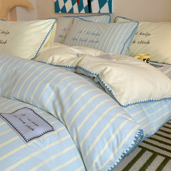 YICKYUE - Korean Style INS Striped Cotton 4-Piece Bedding Set - Soft Triangular Stitch Duvet Cover