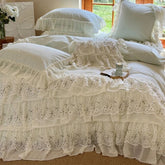 YICKYUE - Three-layer Floral Lace Ruffles Wedding Bedding Set 1000TC Egyptian Cotton Brushed Duvet Cover Flat/Fitted Bed Sheet Pillowcase