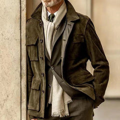 Hearujoy Cowhide Suede Jacket For Men Autumn Winter Turndown Collar Multi-pocket Windbreaker American Vintage Casual Coat Streetwear