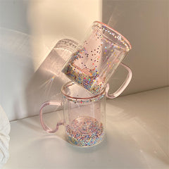 YICKYUE - Japanese-Korean Style Girl's Heart Bubble Star Empty Cup Handle Ins Sequins Double-layer Glass Simple Household Coffee Milk Cup