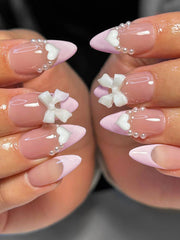 YICKYUE - Nude French bow love wearing nail patch fake nails for womengirlsstudentspregnant women detachable ins wind almond Pearl 24pcs