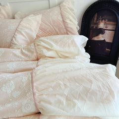 YICKYUE - Pink Princess Lace Ruffles Flowers Carved Velvet Warm 4Pcs Bedding Set Duvet Cover Bed Sheet/Fitted Sheet/Bed Skirt Pillowcases