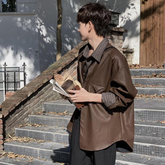 Hearujoy Korean Retro Leather Coat For Men Advanced Vintage Brown Leather Shirt Top Spring Autumn Trendy Long Sleeve PU Jacket Streetwear