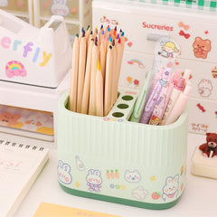 Kawaii Large Capacity Pen Holder With Sticker Plastic Creative Cute Desk Organizer For Pens Makeup Brush Home Office Storage Box