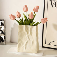 Yickyue 1 Large Capacity Pleated Paper Bag Shaped Ceramic Vase for Flower Arrangement and Home Decoration - Perfect for Wedding, Bedroom