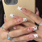 YICKYUE - Hot New Women Girls 24Pcs Long Square Red French White Border Heart Full Coverage Wearable Fake Nail Press on Nail Art