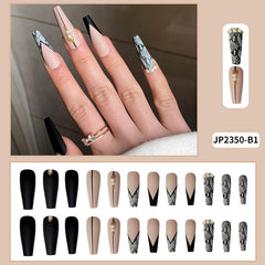 24PCS Stick On Nail Long Black Press On Nails Cute Pearl Design Dark Style Ballet Fake Nails Designer Press On Nails