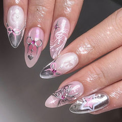 YICKYUE - 24pcs Spicy Girl Style Fake Nails 3D Sliver Bow Butterfly Decor False Nails Wearable Y2k Sliver Pink Almond Press on Nail Tips
