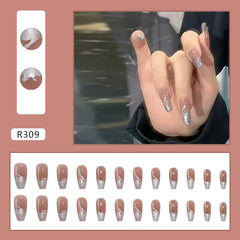 Silver Flash Lovely Girl Nail Art Wearable Press On Fake Nails Tips 24pcs/box With Wearing Tools As Gift